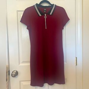 Burgundy Short Sleeve Quarter-Zip Collared Dress